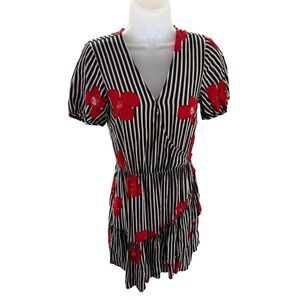 Madewell‎ Black White Stripe Red Floral Dress Ruffle Sleeve Womens Size 2